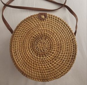 Round Woven Tan Crossbody Bag